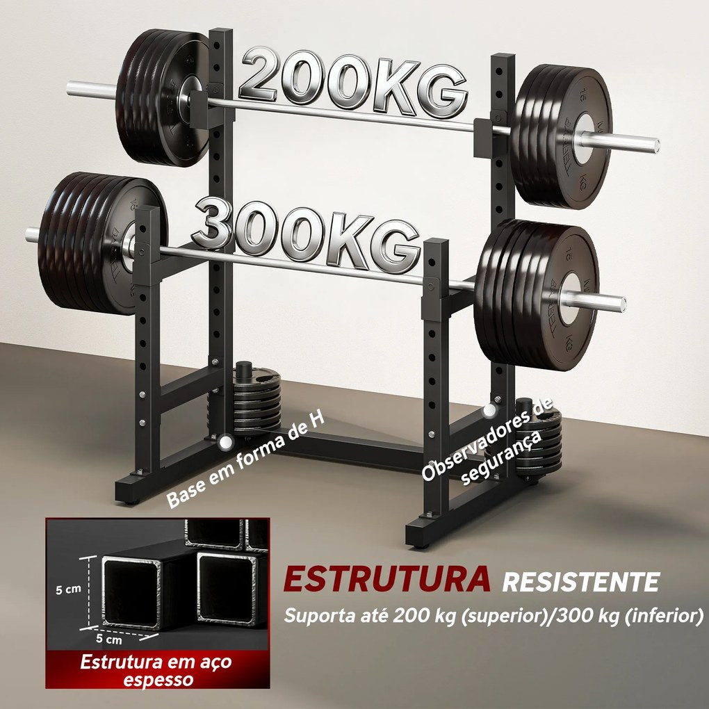 Suporte Ajustável para Barras de Pesas (NÃO INCLUIDOS) com Segurança Reforçada Carga até 300 kg Altura Regulável 48-135/45-85 cm Preto