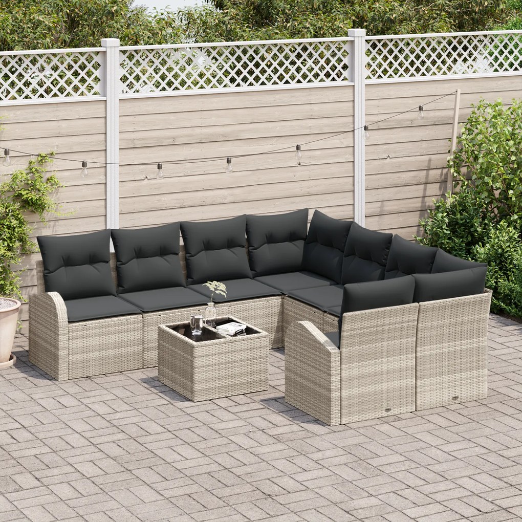 Conjunto de Sofás de Jardim vidaXL 9 Peças com Almofadas Cinza Claro R