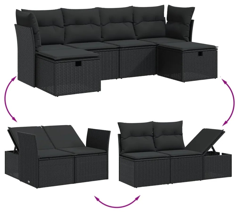 6 pcs conjunto sofás de jardim c/ almofadões vime PE preto