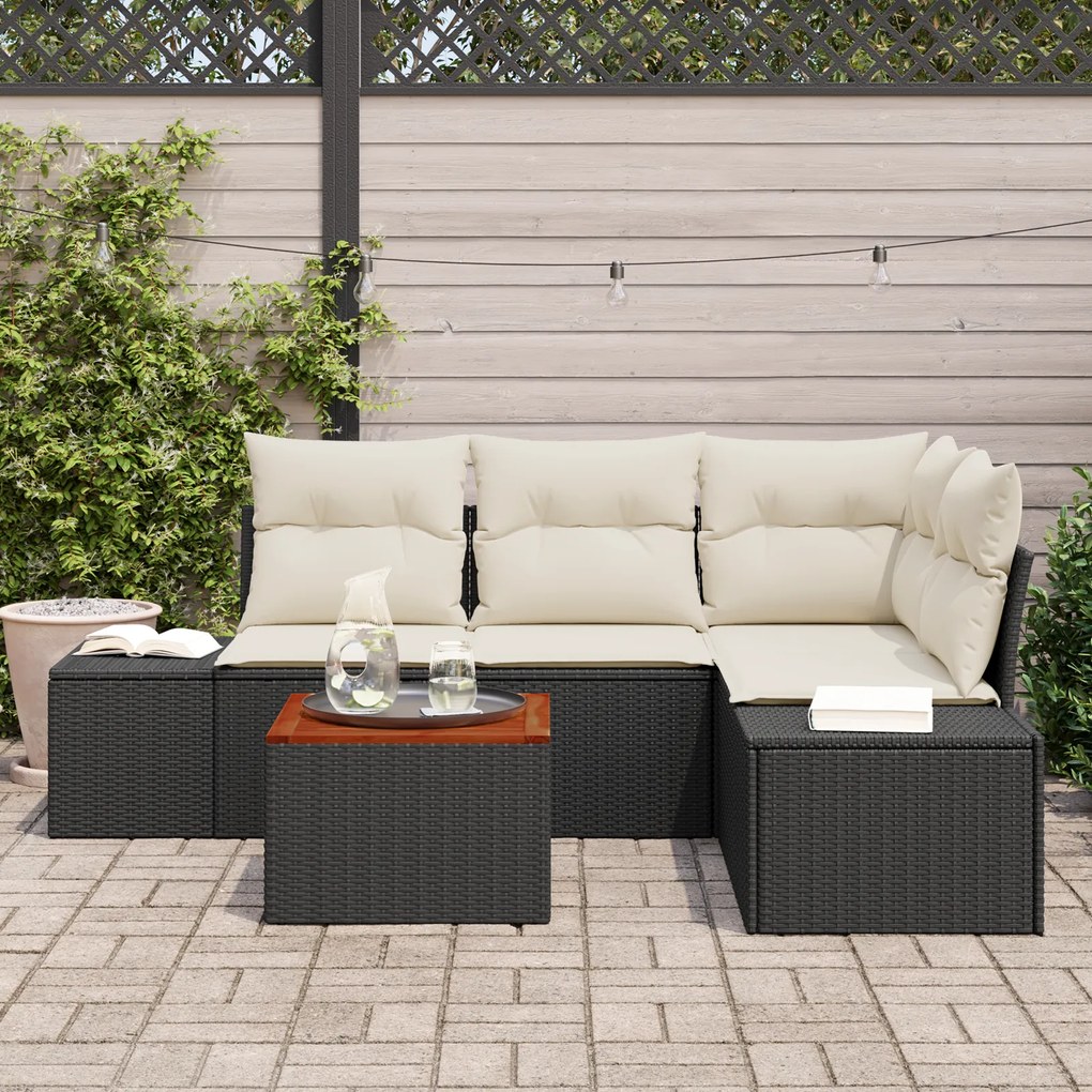 Conjunto de Sofás de Jardim de 5 Peças com Almofadas Preto Vime Poliés