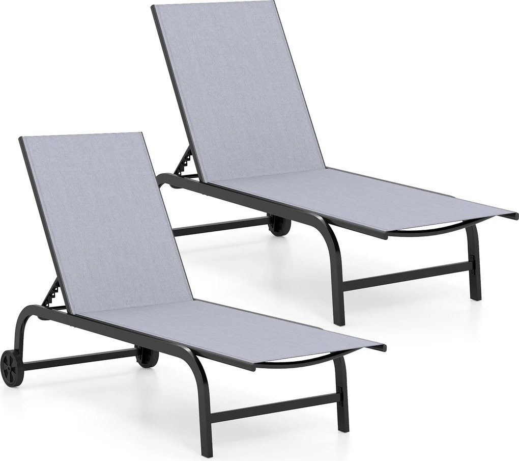 Conjunto de 2 Espreguiçadeiras de Jardim, 190 x 69 cm, Encosto Ajustável em 6 Posições, Cinzento