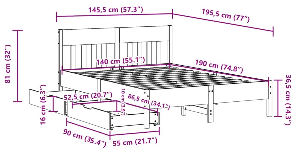 Cama sem colchão 140x190 cm madeira de pinho maciça