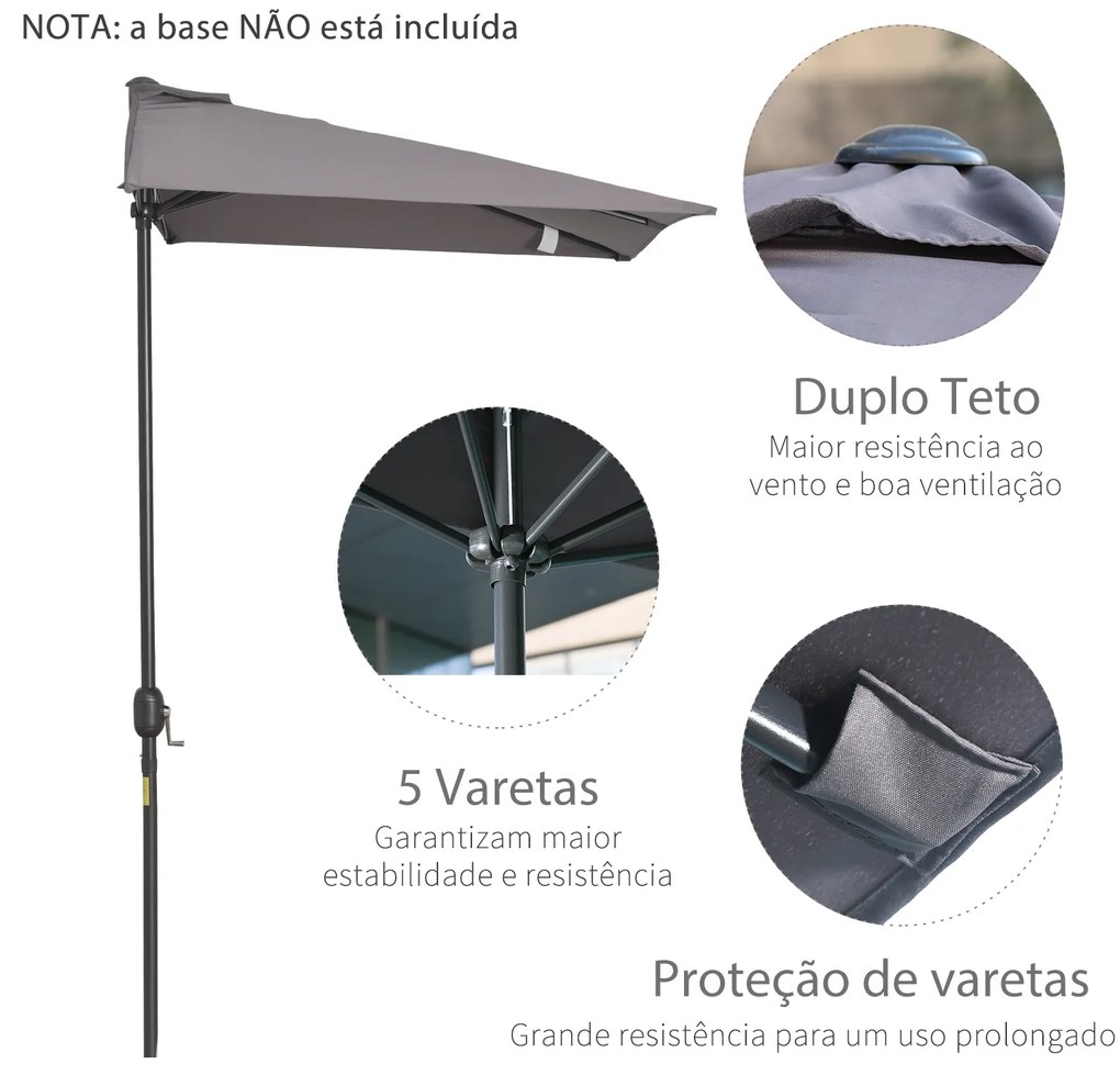Outsunny Meia Chapéu de sol 230x130x245 cm Chapéu de sol para Parede Jardim com Manivela e Vara Metálica Ø38 mm Terraço Varanda Cinzento