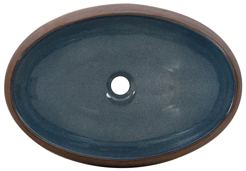 Lavatório de bancada oval 59x40x15 cm cerâmica castanho e azul