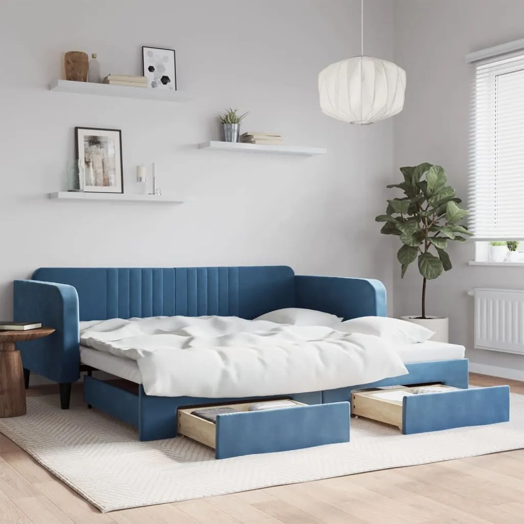 vidaXL Sofá-cama com gavetão e gavetas 100x200 cm veludo azul