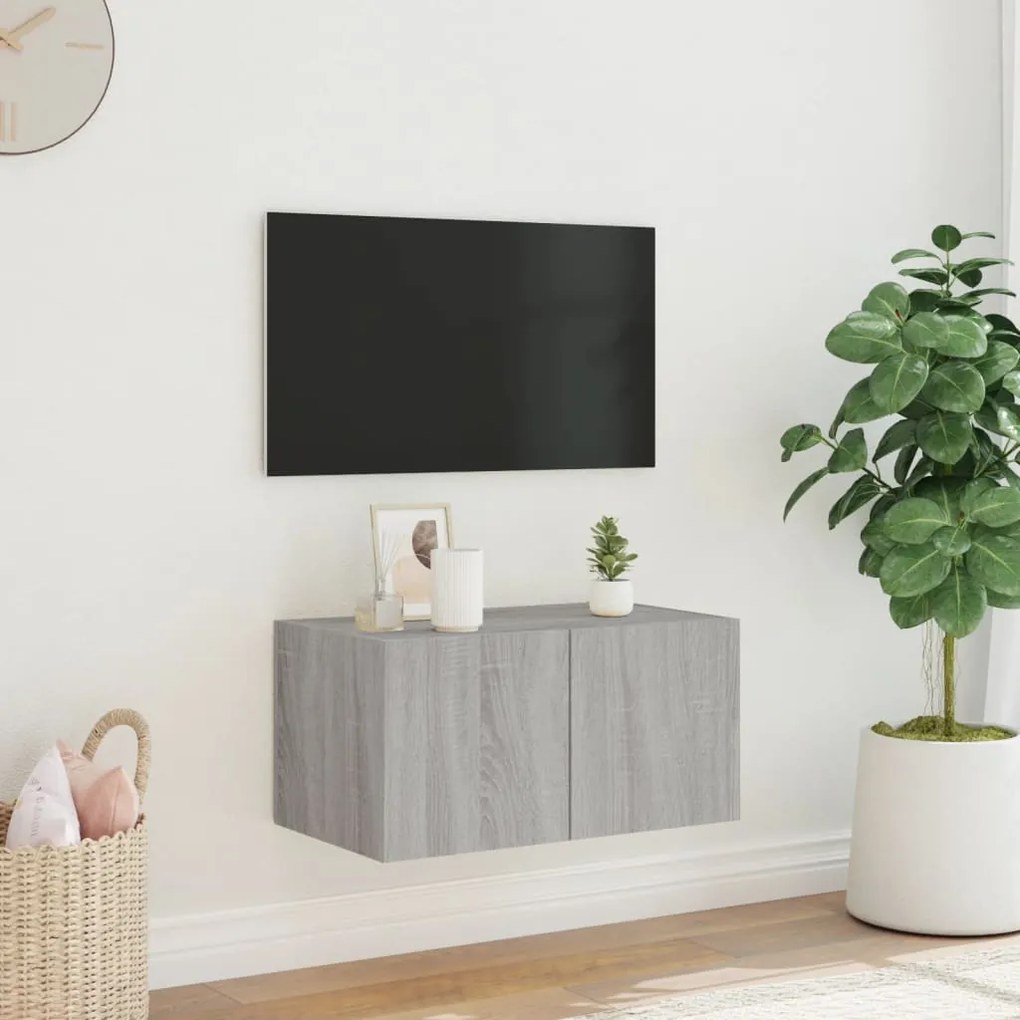 Móvel de parede p/ TV c/ luzes LED 60x35x31 cm cinzento sonoma