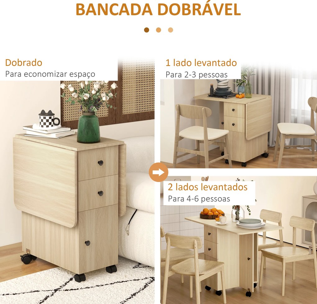 Mesa de Jantar Dobrável com Rodas (CADEIRAS NÃO INCLUIDAS) Mesa Abatível com 2 Gavetas e Armário Mesa Auxiliar Multifuncional 120x60x76,5 cm Madeira
