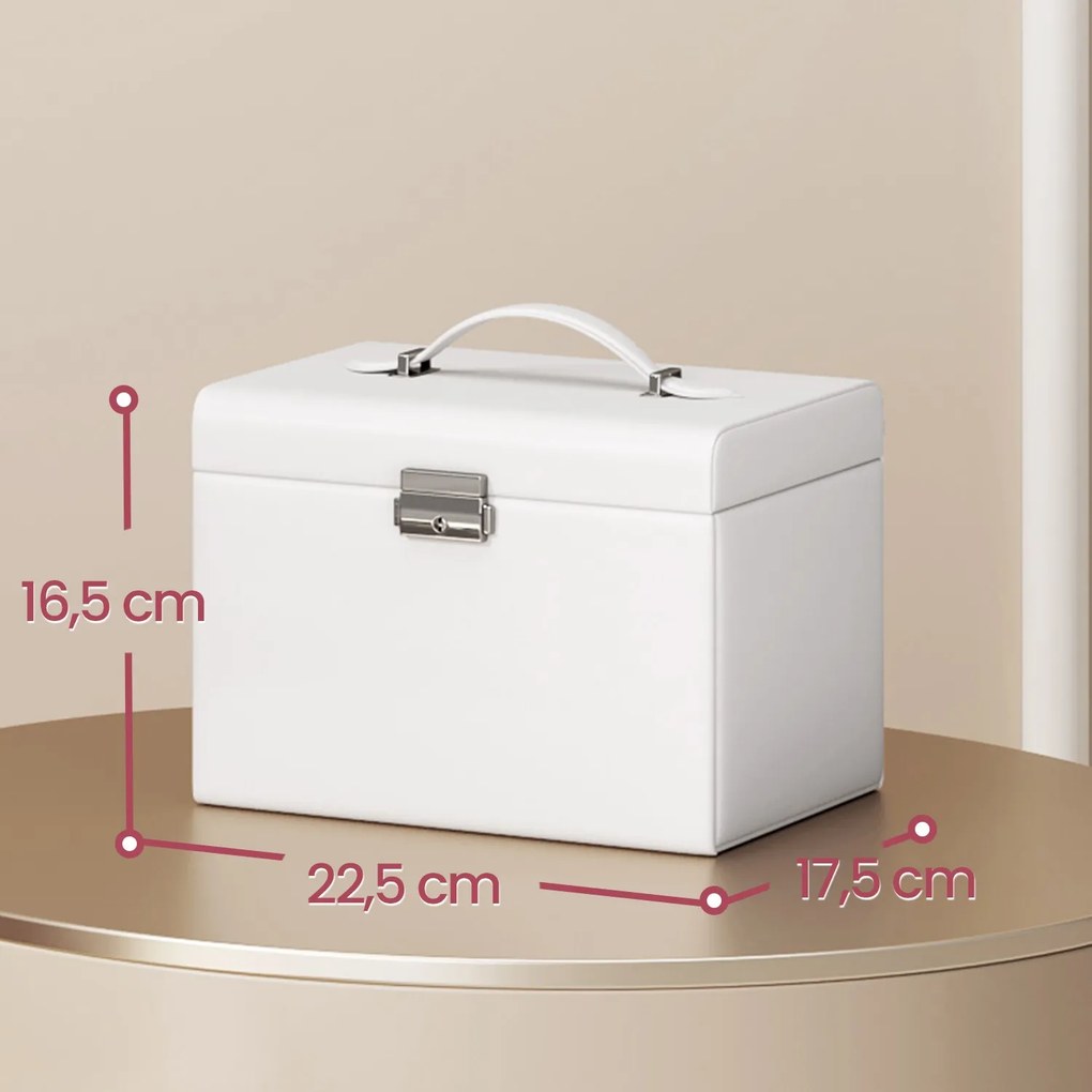 Caixa para joias de 4 níveis 17,5 x 22,5 x 16,5 cm com pega e espelho branco-creme