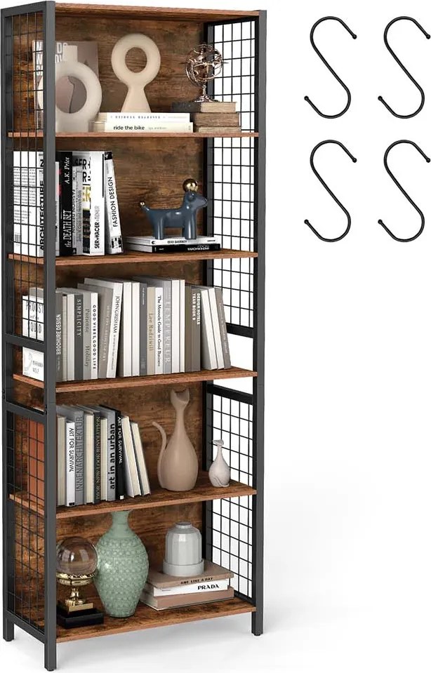 Estante com 5 prateleiras e ganchos em S 30 x 60 x 175,6 cm Castanho vintage + Preto