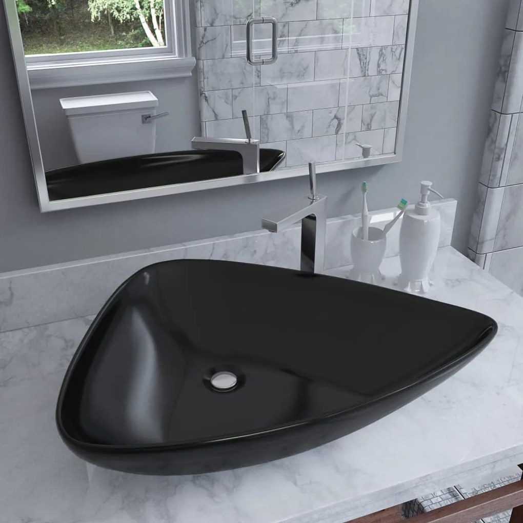 142998 vidaXL Lavatório em cerâmica 645x455x115 mm preto triangular