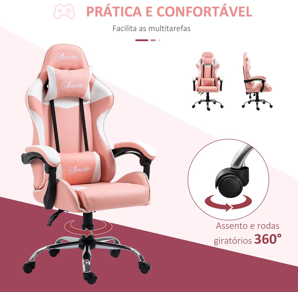 Vinsetto Cadeira Gaming Ergonômica Cadeira para Videojogos Reclinável com Altura Ajustável Apoio para a Cabeça e Almofada Lombar 63x67x122-130cm Rosa e Branco