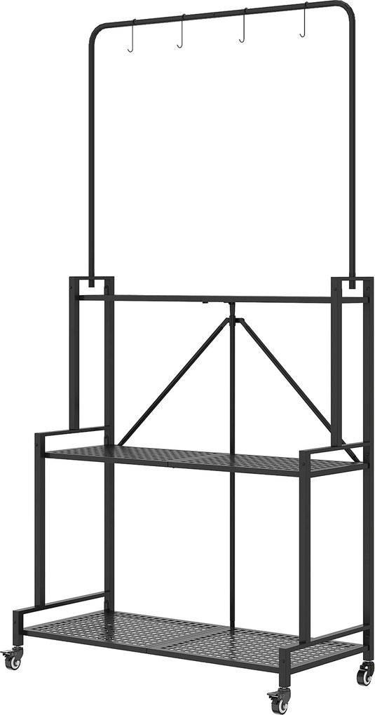 Suporte para plantas de 3 níveis com Rodas 84 x 40,5 x 174 cm, prateleira dobrável para flores em metal com 4 ganchos, preto