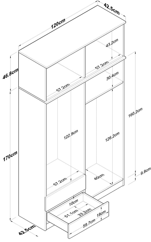 Roupeiro BA121 – Nogueira e Branco – 120x216,8x42,5 cm