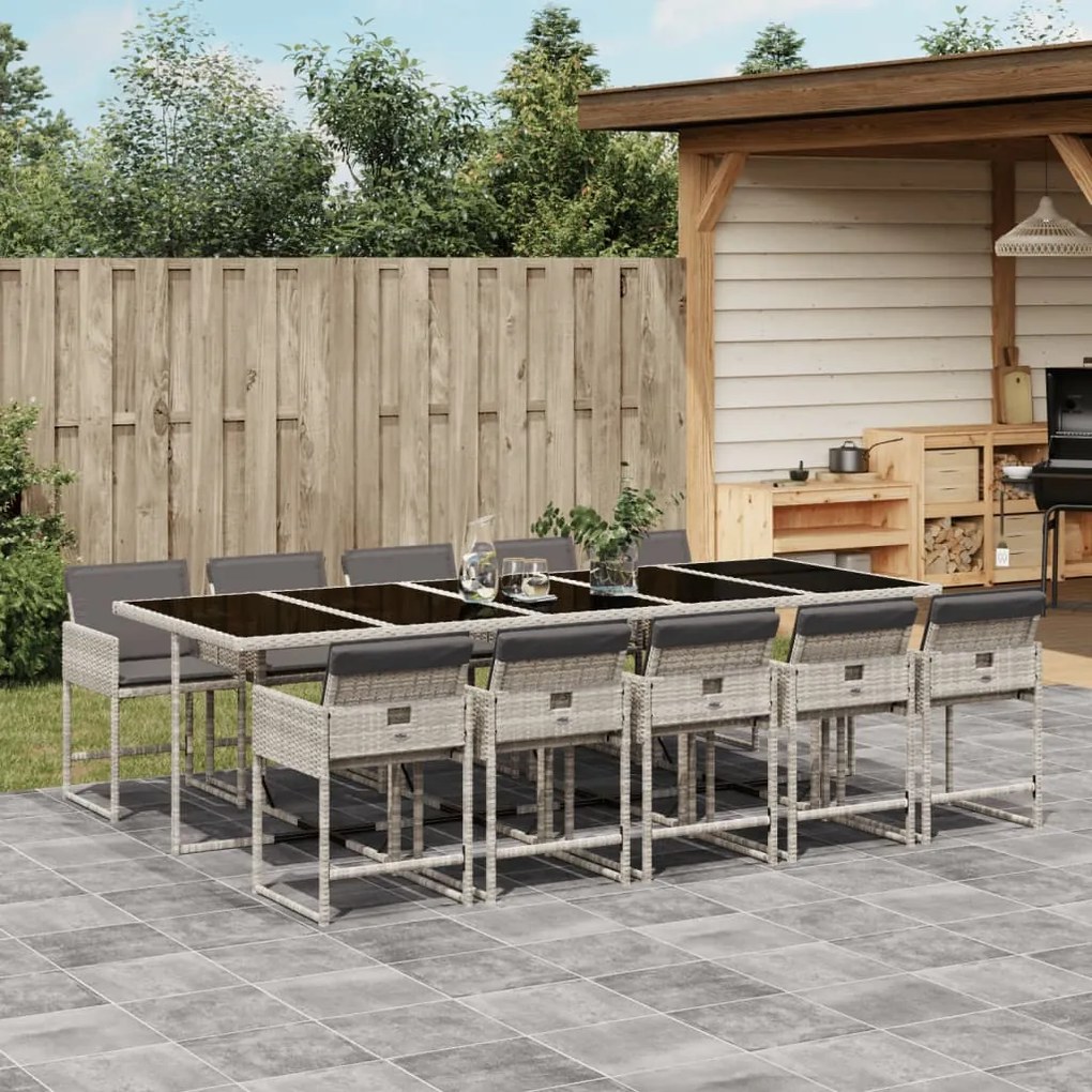 vidaXL 11 pcs conjunto jantar p/ jardim c/ almofadões vime PE cinzento