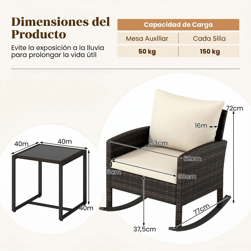 Conjunto de 2 Cadeirões de Baloiço e Mesa Auxiliar, 77 x 62 x 72 cm, Almofadas Bege com Capas Laváveis,