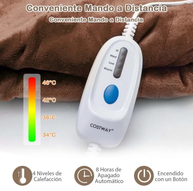 Manta Elétrica 130 x 180 cm com 4 Níveis de Aquecimento e 8 Horas de temporizador Automático Lavável na Máquina Castanho