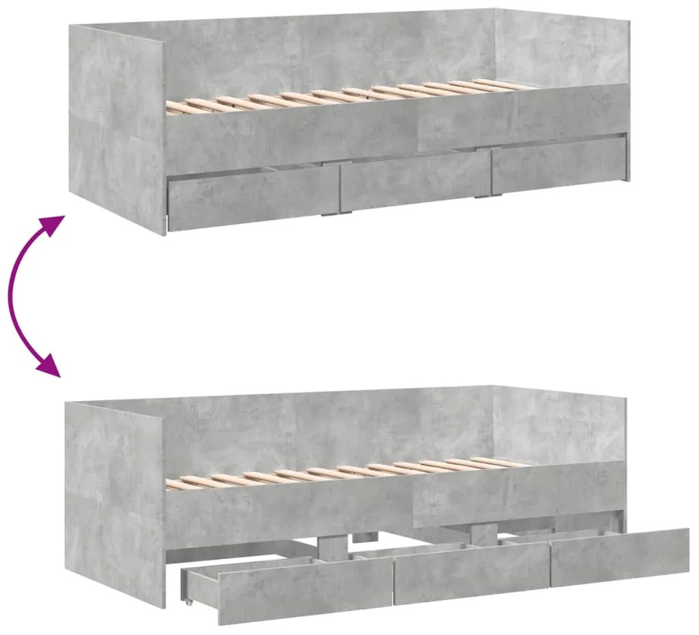 Sofá-cama com gavetas sem colchão 90x200 cm cinzento cimento
