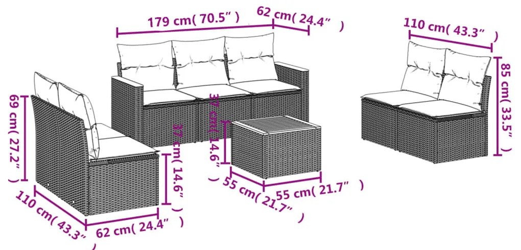 8 pcs conjunto de sofás p/ jardim com almofadões vime PE bege
