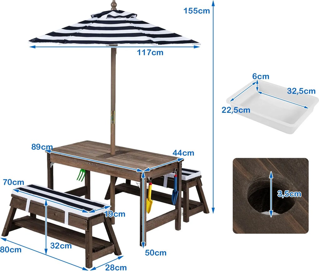 Conjunto de Mesa Infantil com 2 Bancos e Sombrinha, 89 x 44 x 50 cm, Sombrinha Regulável em 3 Posições, Azul