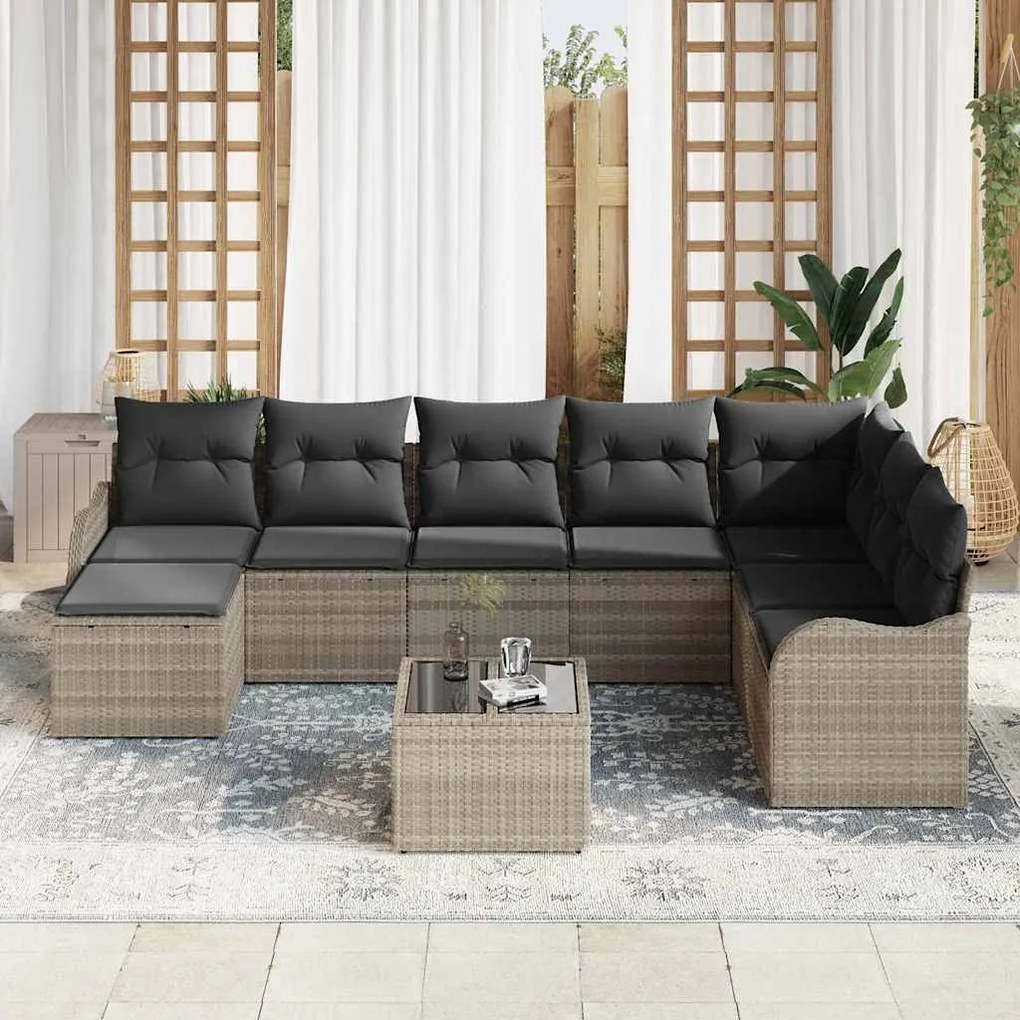 Conjunto de Sofá de Jardim vidaXL de 9 peças com Almofadas Cinzas Ratt