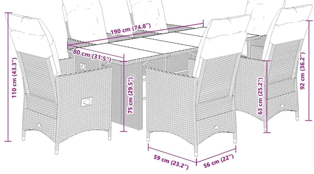 7 pcs conjunto de jantar p/ jardim c/ almofadões vime PE cinza