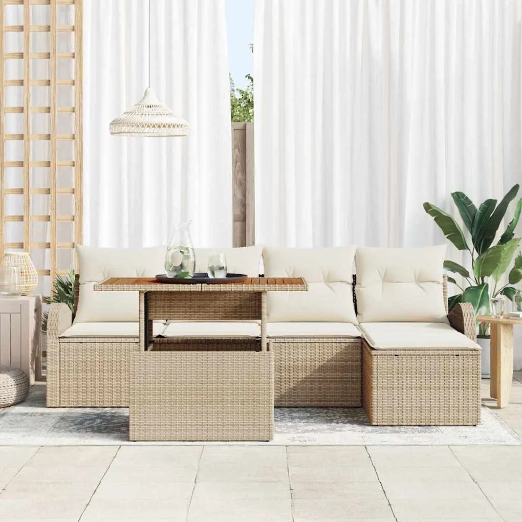 Conjunto de Jantar de Jardim da com 6 Peças e Almofadas Bege em Rattan