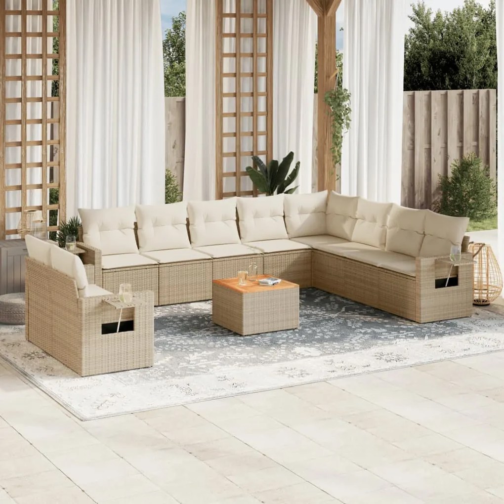 11 pcs conjunto sofás de jardim c/ almofadões vime PE bege
