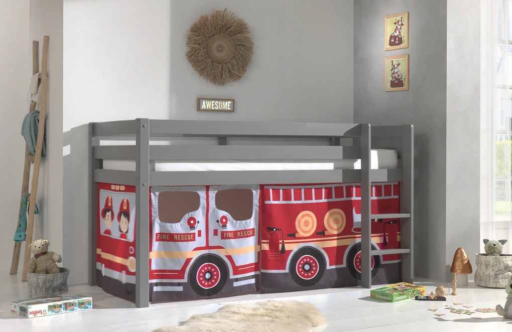 Cama alta de Criança PINO 90 x 200 cm + estrado + escada + cortina Bombeiros Cinzenta