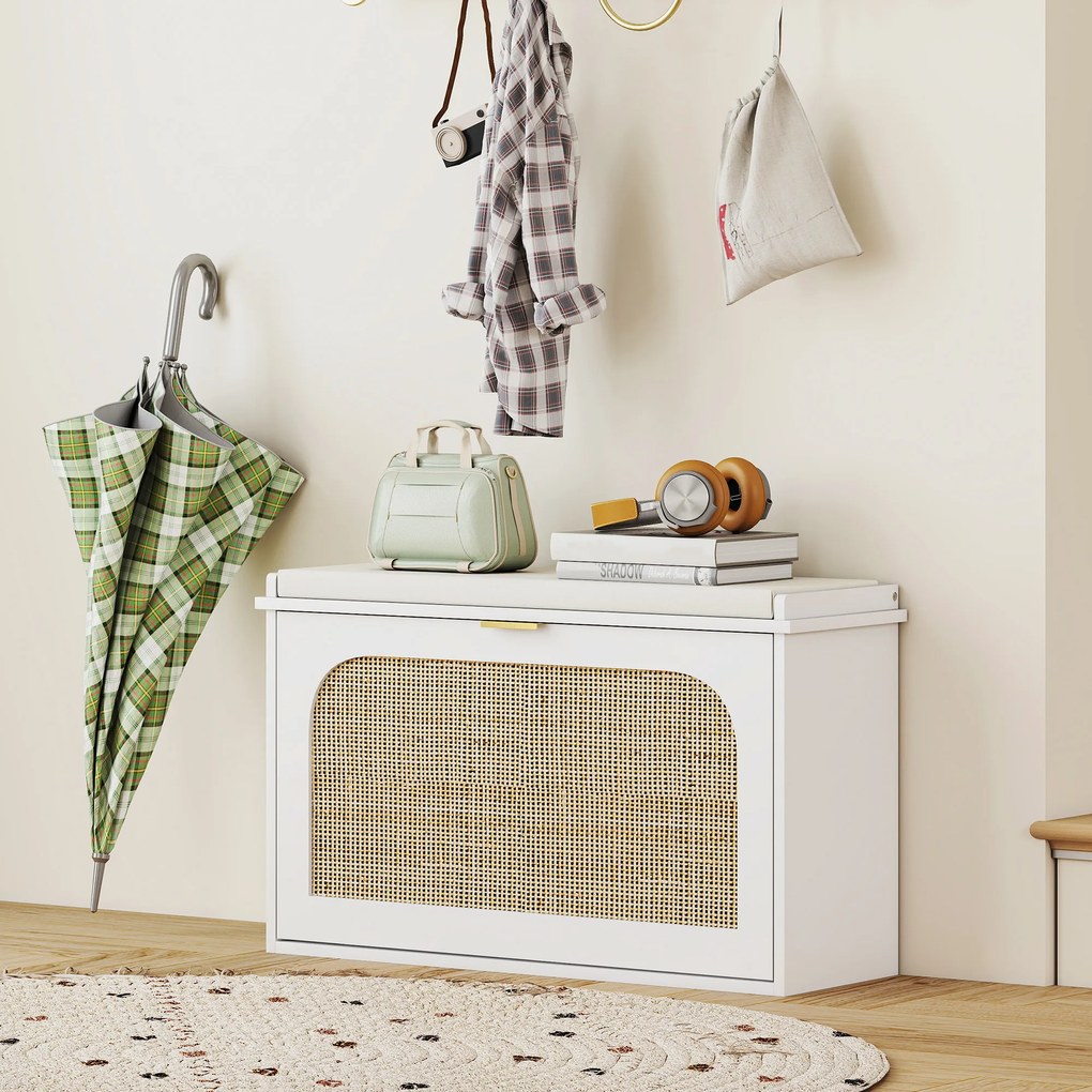 Sapateira 80 x 26 x 47,5 cm Banco para sapatos, assento almofadado, gaveta rebatível, porta em rattan, branco