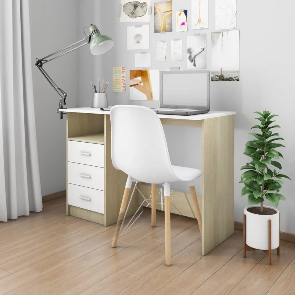 vidaXL Secretária gavetas 110x50x76cm contrapl. branco/carvalho sonoma