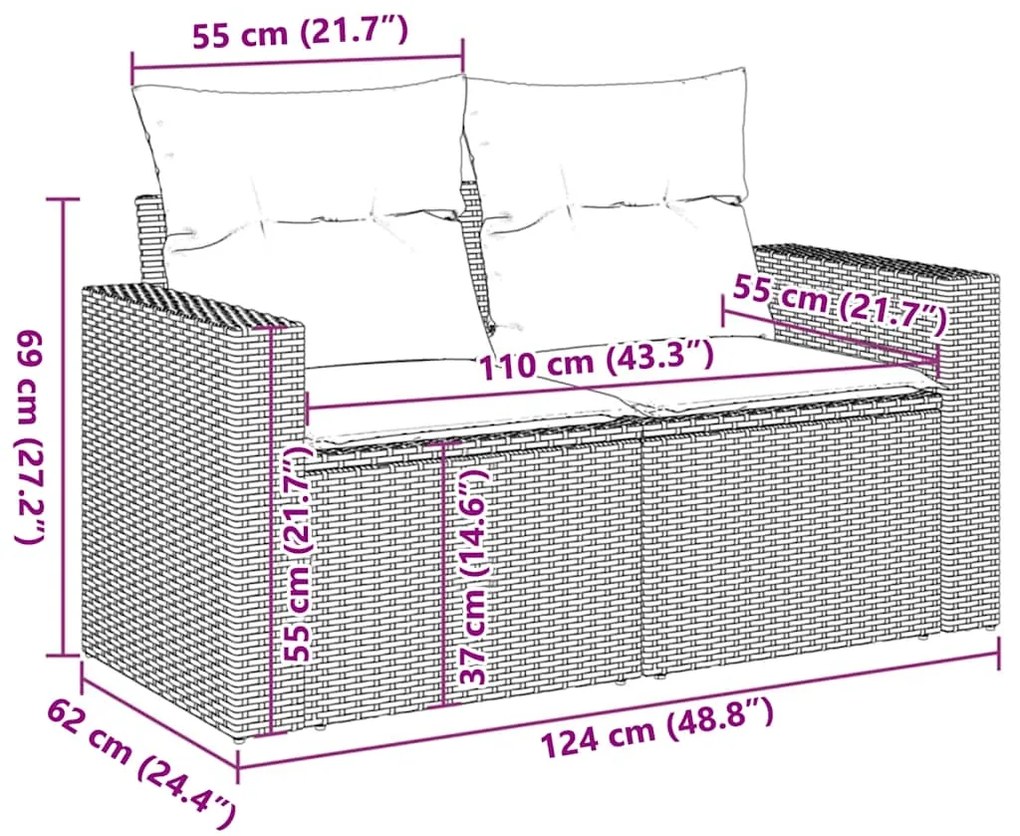 11 pcs conjunto sofás de jardim c/ almofadões vime PE preto