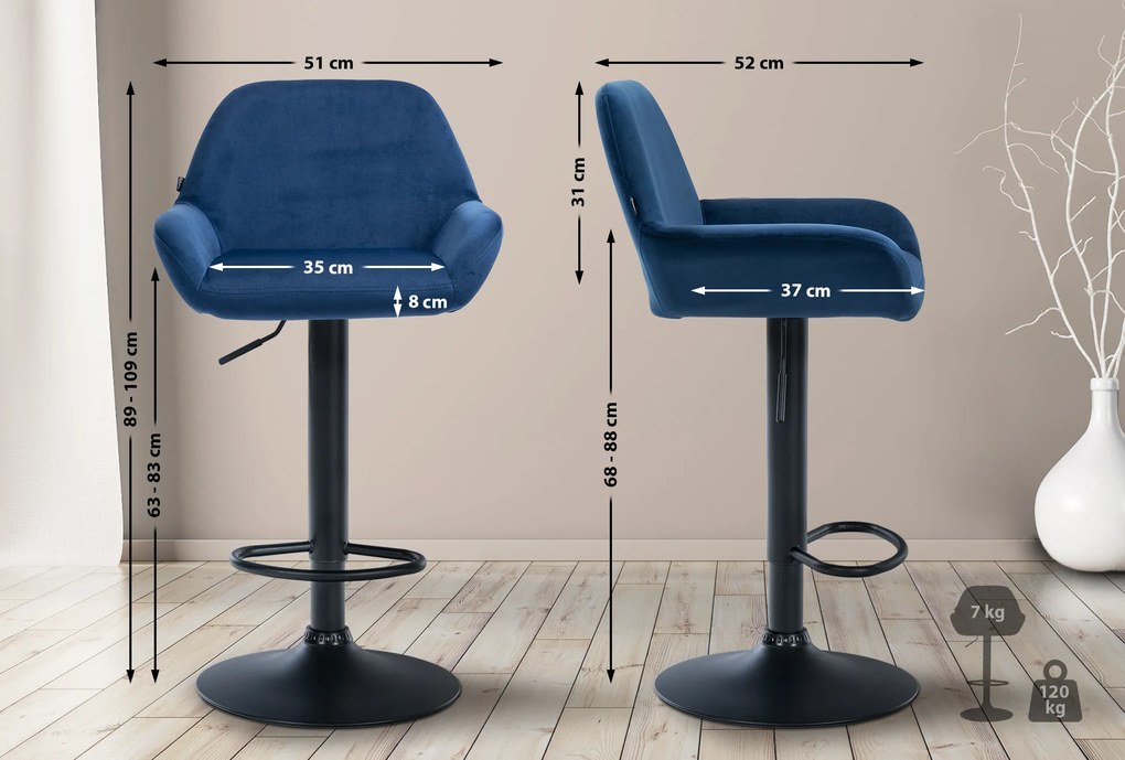 Conjunto de 2 bancos altos em veludo com estrutura preta 89-109 x 51 x 52 cm azul