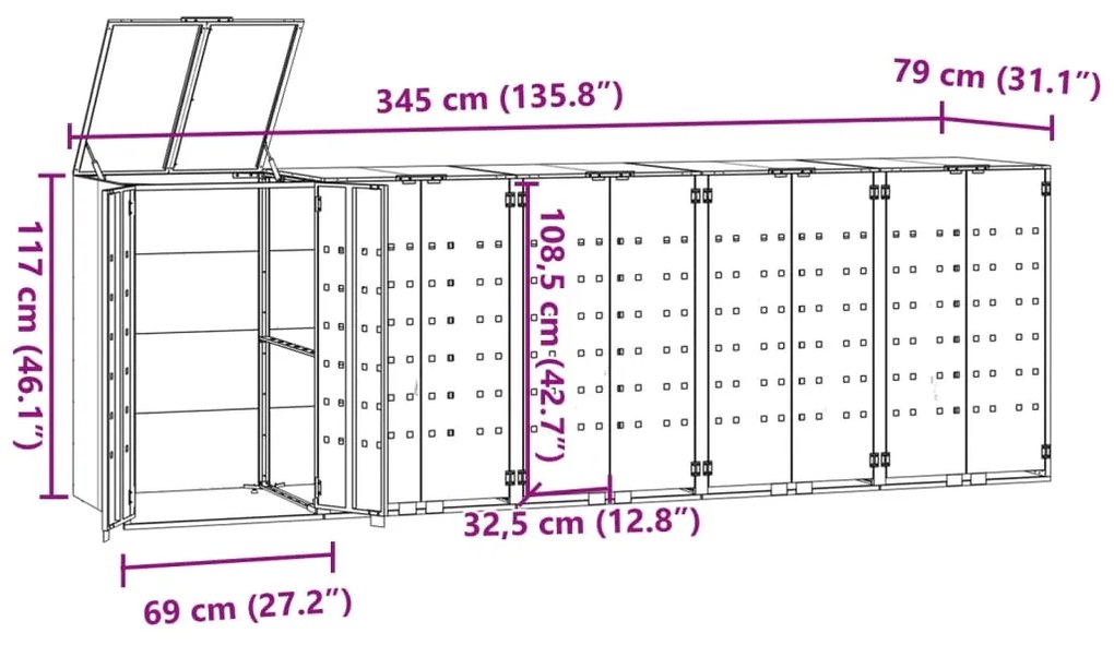 Abrigo para 5 caixotes do lixo 345x79x117 cm aço preto