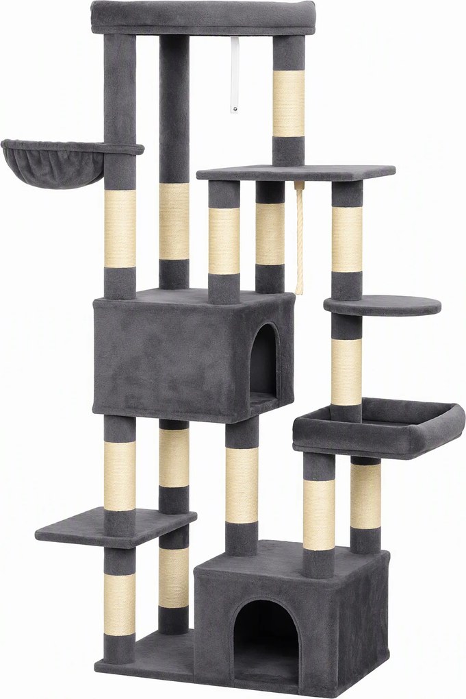 PawHut Arranhador para Gatos 180 cm Multinível, 13 Postes, 2 Casinhas, Rede, Camas, Cinza Escuro | Aosom Portugal