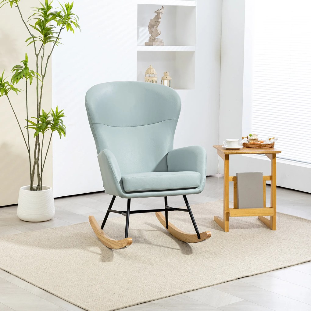 Poltrona Baloiço Estofada em Veludo com Assento Acolchoado Apoio para os Braços e Pés de Madeira de Faia 65x87x102 cm Verde Claro