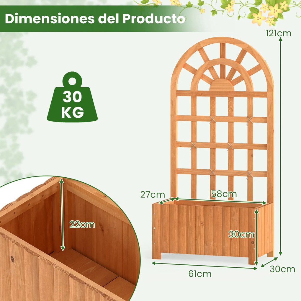 Floreira elevada de madeira com treliça 61 x 30 x 121 cm, tela de privacidade e orifícios de drenagem para plantas trepadeiras, hortaliças e flores Ma