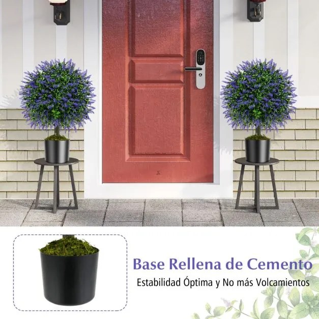Conjunto de 2 árvores artificiais de lavanda em bola de 58 cm com vaso preenchido com cimento Verde e roxa