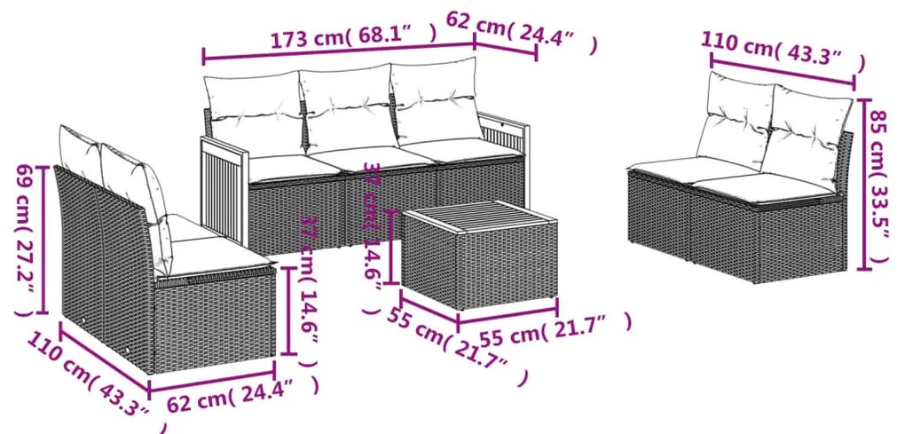 8 pcs conjunto sofás de jardim c/ almofadões vime PE cinzento