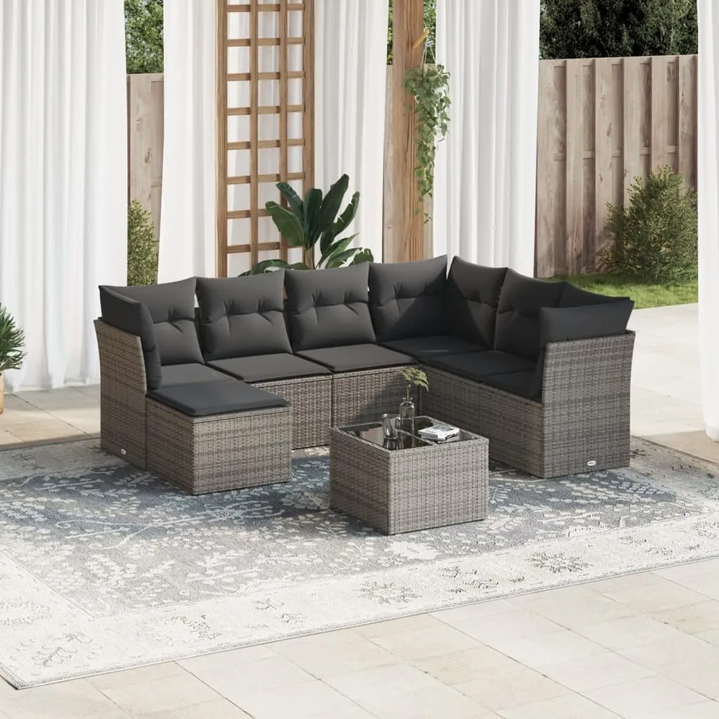 8 pcs conjunto sofás de jardim c/ almofadões vime PE cinzento