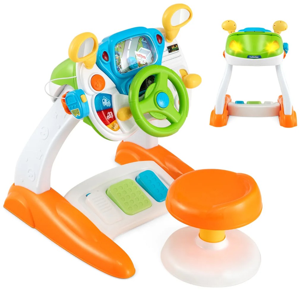 Kit de simulação de direção para crianças, volante interativo com banco, alto-falante musical, megafone, ensino pré-escolar