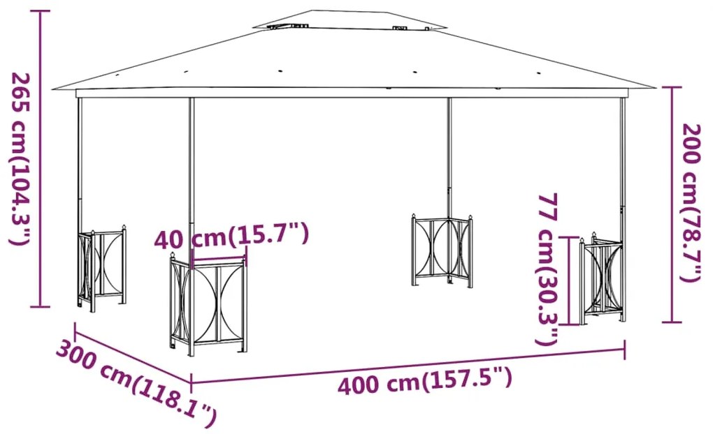 Gazebo com paredes laterais e telhado duplo 3x4 m cor antracite