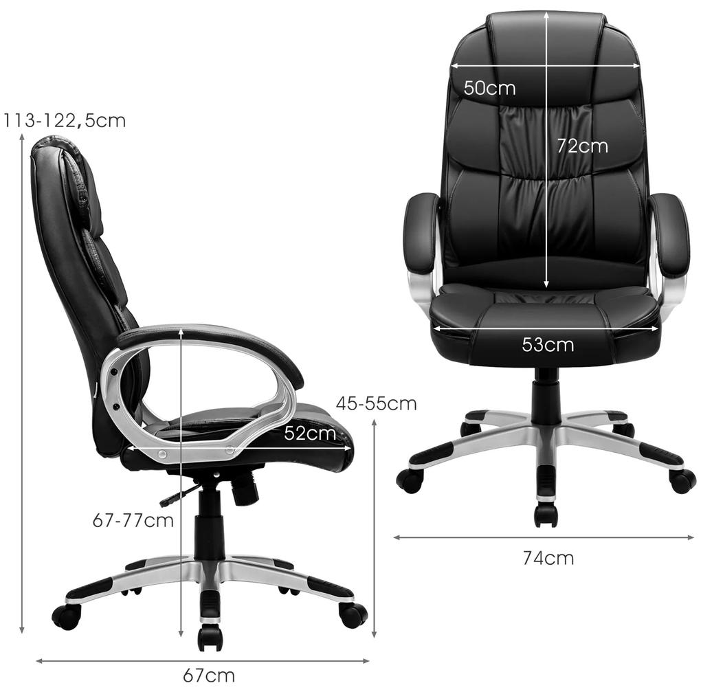 Cadeira de escritório em couro Faux-PU com almofada grossa e braços acolchoados para computador 74 x 67 x 113-122,5 cm preto