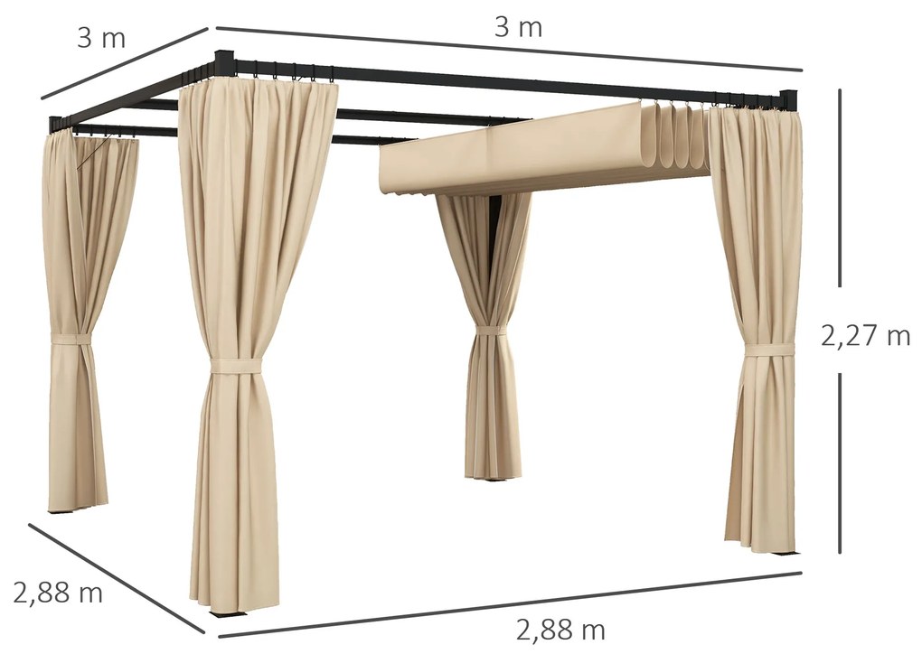 Pérgola de Jardim 3x3 m Pérgola para Exterior com Teto e Paredes Laterais Retráteis Impermeável para Terraço Pátio Bege