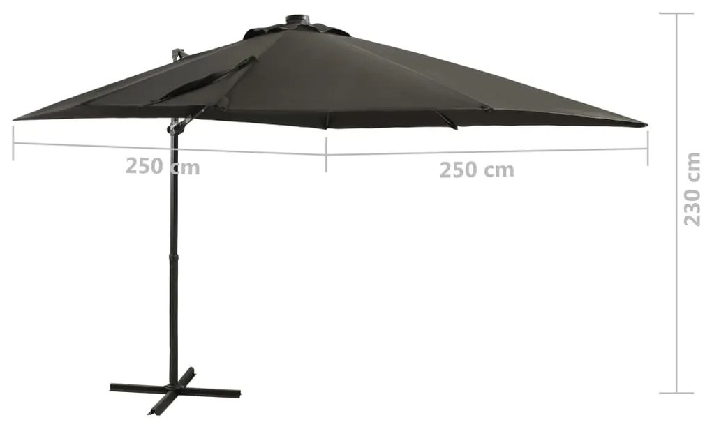 Guarda-sol jardim cantilever c/ poste/luzes LED 250cm antracite