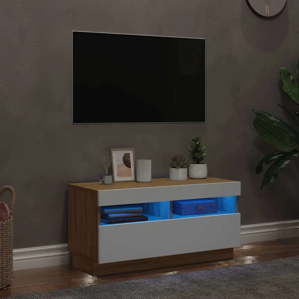 vidaXL Móvel de TV com luzes LED 80x35x40 cm branco e carvalho sonoma