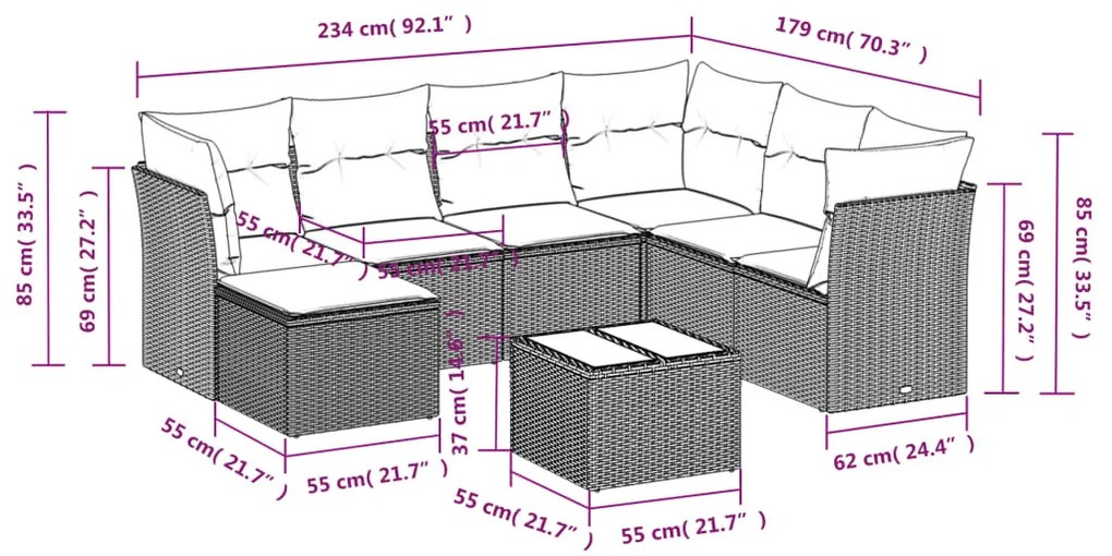 8 pcs conjunto de sofás p/ jardim com almofadões vime PE bege