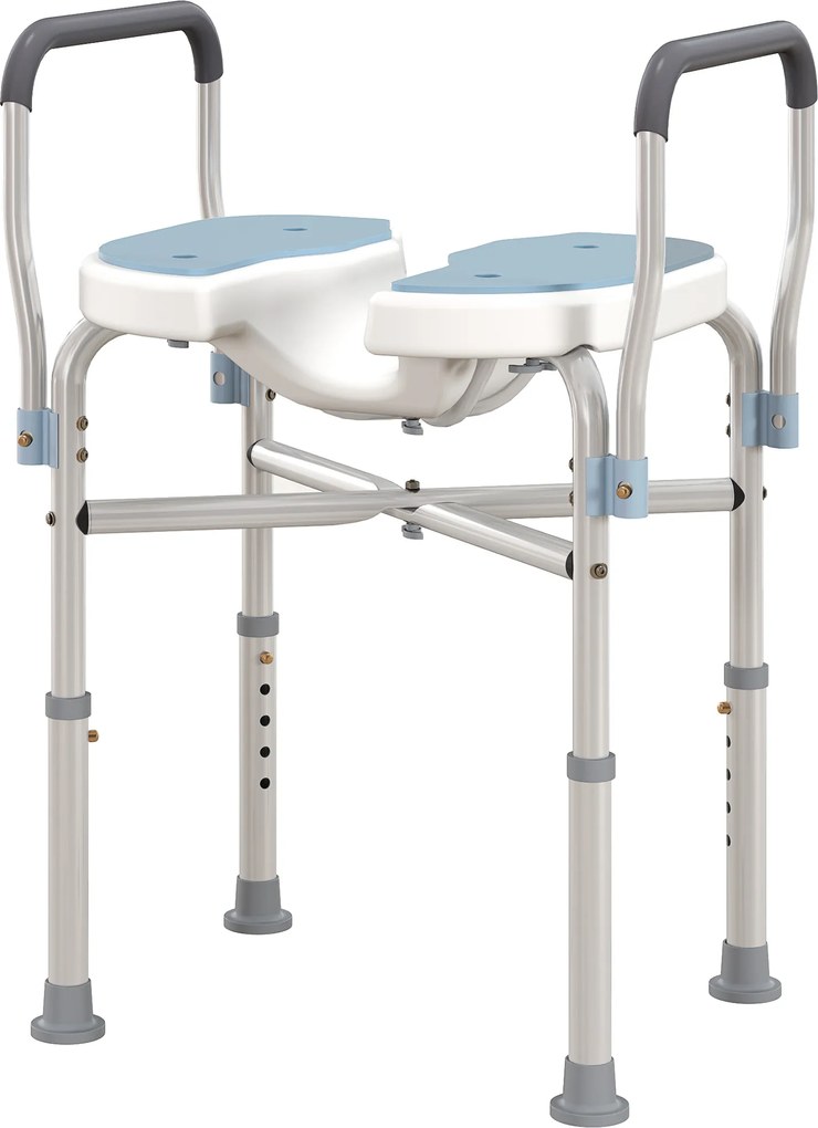 Cadeira de duche com braços 53 x 36 x 64-75 cm, assento em forma de U, altura ajustável, antiderrapante, azul claro