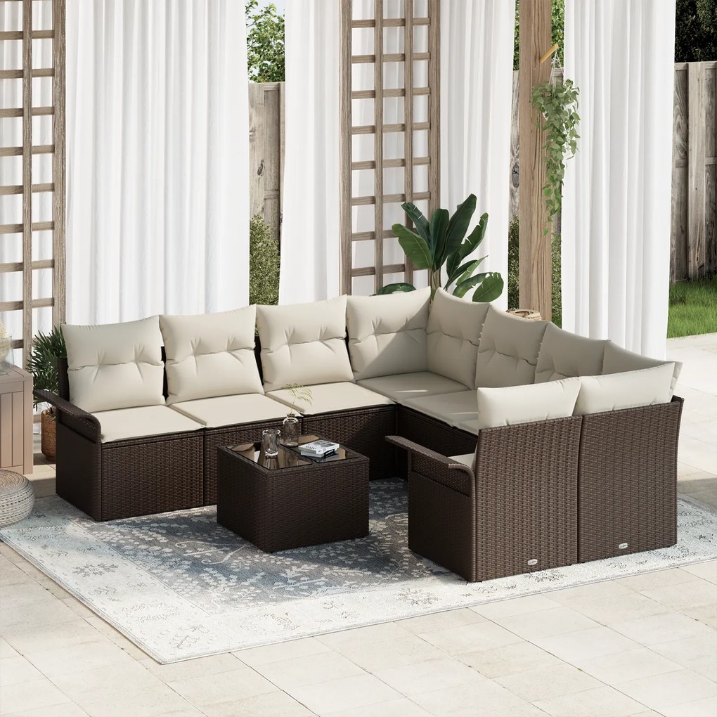 Conjunto de Sofá de Jardim de 9 Peças com Almofadas em Rattan Poliéste