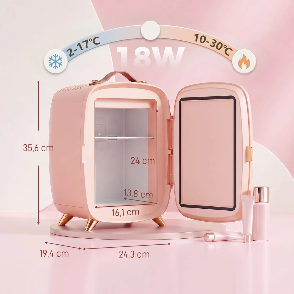 Mini Frigorífico para Cosméticos com 6 L, Porta com Espelho e Luzes LED Ajustáveis, 24,3 x 19,4 x 35,6 cm Rosa