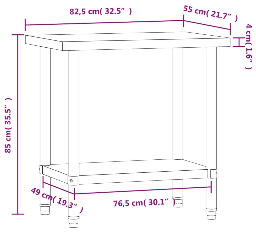 Mesa de trabalho para cozinha 82,5x55x85 cm aço inoxidável